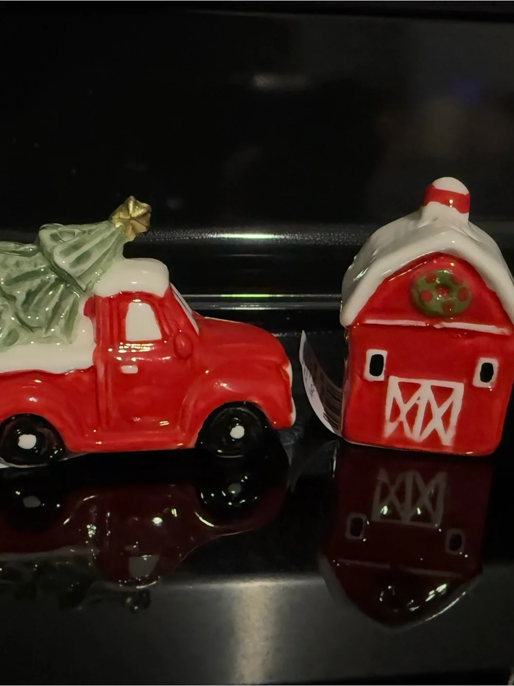 Christmas Red Truck Salt & Barn Pepper Mini Shaker Set Farmhouse Holiday Decor
